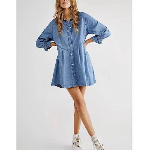 Free People Dresses & Skirts - We The Free People Dress Women L Hannah Mini Denim Shirtdress Button Up Pockets